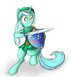 Size: 600x600 | Tagged: safe, artist:cheshiresdesires, character:lyra heartstrings, species:pony, species:unicorn, bipedal, clothing, cosplay, crossover, female, hat, shield, solo, sword, the legend of zelda, weapon