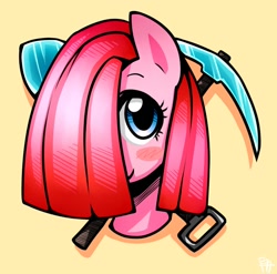 Size: 678x671 | Tagged: safe, artist:frankier77, character:pinkamena diane pie, character:pinkie pie, ask pinkamena diane pie, ask, cute, cuteamena, female, hair over one eye, minecraft, pickaxe, shovel, solo, tumblr