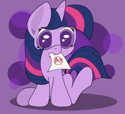 Size: 1472x1341 | Tagged: safe, artist:graphene, character:twilight sparkle, character:twilight sparkle (unicorn), species:pony, species:unicorn, a+, cute, female, filly, filly twilight sparkle, grades, mouth hold, report card, solo, twiabetes, younger