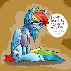 Size: 685x688 | Tagged: safe, artist:php131, artist:xieril, character:rainbow dash, species:pegasus, species:pony, adorkable, beanbrows, blushing, clothing, collaboration, colored, cute, dialogue, dork, dorky dash, dressup, egghead, embarrassed, female, glasses, mare, rainbow dash always dresses in style, rainbow dork, shirt, sitting, solo