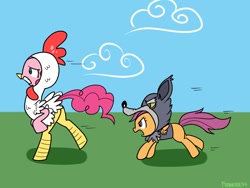 Size: 1024x768 | Tagged: safe, artist:frankier77, character:pinkie pie, character:scootaloo, species:pegasus, species:pony, species:wolf, animal costume, chicken pie, chicken suit, clothing, costume, roleplaying, scootawolf, wolf costume