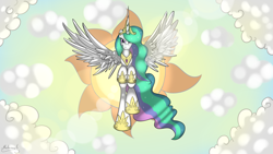 Size: 3000x1687 | Tagged: safe, artist:malamol, character:princess celestia, cloud, cloudy, cutie mark, female, flying, looking at you, smiling, solo, spread wings, sun, wings