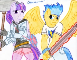 Size: 1014x788 | Tagged: safe, artist:the1king, character:flash sentry, character:twilight sparkle, species:anthro, hammer, scott pilgrim vs the world, sword, traditional art