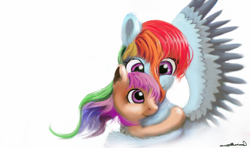 Size: 2304x1360 | Tagged: safe, artist:auroriia, character:rainbow dash, character:scootaloo, species:pegasus, species:pony, cute, hug, scootalove, wings