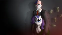 Size: 1191x670 | Tagged: safe, artist:malamol, character:rarity, species:human, species:pony, crossover, dallas, holding a pony, payday, payday 2, payday the heist, raised eyebrow, smiling