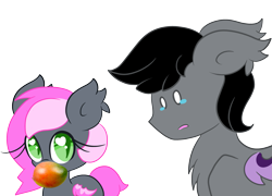 Size: 2781x2000 | Tagged: safe, artist:starlightlore, oc, oc only, oc:aux, oc:heartbeat, species:bat pony, species:pony, blank flank, crying, floppy ears, heart, heart eyes, mango, mouth hold, simple background, transparent background, wingding eyes