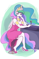 Size: 808x1200 | Tagged: safe, artist:xieril, character:princess celestia, species:alicorn, species:anthro, species:plantigrade anthro, species:pony, alcohol, bar, clothing, dress, drink, female, high heels, solo, stool