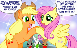 Size: 1280x800 | Tagged: safe, artist:marcusmaximus, character:applejack, character:fluttershy, species:rabbit, animal, apple, comic, dialogue