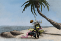 Size: 800x532 | Tagged: safe, artist:hewison, character:fluttershy, assassin's creed, assassin's creed iv black flag, clothing, coconut, coconut tree, crossover, edward kenway, female, gun, handgun, island, ocean, palm tree, pistol, solo, tree