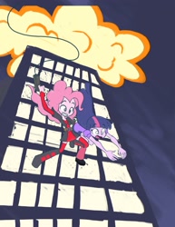 Size: 2550x3300 | Tagged: safe, artist:khuzang, character:pinkie pie, character:twilight sparkle, my little pony:equestria girls, action pose, city, cityscape, clothing, costume, deadpool, explosion, falling, marvel, pinkiepool