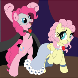 Size: 800x799 | Tagged: safe, artist:the-paper-pony, character:fluttershy, character:pinkie pie, species:pony, ship:flutterpie, bipedal, clothing, costume, dress, female, lesbian, mask, phantom of the opera, shipping