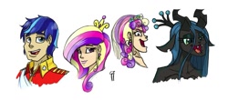 Size: 1247x547 | Tagged: safe, artist:glancojusticar, character:princess cadance, character:queen chrysalis, character:shining armor, species:anthro, species:changeling, species:human, disguise, disguised changeling, fake cadance, human facial structure, humanized