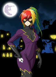 Size: 4102x5570 | Tagged: safe, artist:zantyarz, character:rainbow dash, species:human, absurd resolution, breasts, busty rainbow dash, clothing, female, hand on hip, humanized, latex, latex suit, mare in the moon, moon, nightmare night, shadowbolt dash, shadowbolts, shadowbolts costume, solo