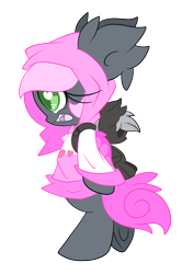 Size: 2500x3757 | Tagged: safe, artist:starlightlore, oc, oc only, oc:heartbeat, species:bat pony, species:pony, backpack, bipedal, blank flank, clothing, cute, digital art, female, gray coat, green eyes, heart eyes, hoodie, mare, open mouth, original species, pink hair, pink mane, pink tail, pink wings, plush backpack, plush pony, plushie, plushie backpack, pony backpack, simple background, solo, transparent background, wingding eyes