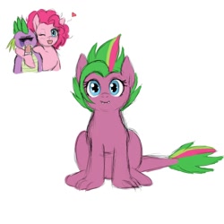 Size: 1000x1000 | Tagged: safe, artist:lurking tyger, character:pinkie pie, character:spike, oc, oc:spicy, parent:pinkie pie, parent:spike, parents:pinkiespike, species:dracony, species:earth pony, species:pony, ship:pinkiespike, cute, female, hug, hybrid, interspecies offspring, looking at you, male, mare, offspring, open mouth, shipping, shocked, sitting, smiling, straight, wink