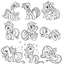 Size: 1050x1086 | Tagged: safe, artist:lauren faust, character:applejack, character:fluttershy, character:spike, character:twilight sparkle, species:earth pony, species:pegasus, species:pony, species:rabbit, species:unicorn, apple, butterfly, female, frog, frog inspector applejack, grayscale, lineart, mare, monochrome, rearing, riding, simple background, spread wings, white background, wings