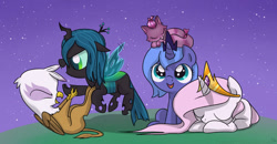 Size: 900x469 | Tagged: safe, artist:frankier77, character:gilda, character:princess celestia, character:princess luna, character:queen chrysalis, species:changeling, species:griffon, species:pony, baby, baby pony, cat, cewestia, changeling queen, chickub, cub, cute, cutealis, cutelestia, eyes closed, female, filly, flying, foal, gildadorable, lunabetes, nymph, on back, open mouth, pink-mane celestia, prone, s1 luna, sitting, sleeping, smiling, smirk, woona