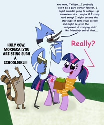 Size: 900x1078 | Tagged: safe, artist:cartuneslover16, character:twilight sparkle, ship:mordetwi, comic sans, crossover, crossover shipping, mordecai, mordecai and rigby, regular show, rigby, text