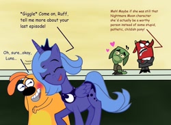 Size: 900x659 | Tagged: safe, artist:cartuneslover16, character:princess luna, blushing, childhood ruined, comic sans, crossover, crossover shipping, fetch! with ruff ruffman, jimmy two shoes, nuzzling, ruff ruffman, s1 luna, text, wat