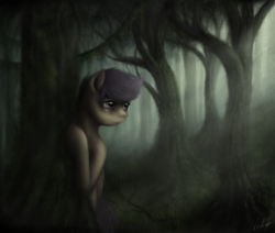Size: 980x830 | Tagged: dead source, safe, artist:ventious, character:scootaloo, species:pegasus, species:pony, everfree forest, female, forest, scenery, solo