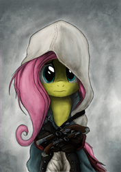 Size: 800x1133 | Tagged: safe, artist:hewison, character:fluttershy, species:pegasus, species:pony, g4, assassin's creed, assassin's creed iv black flag, clothing, crossover, edward kenway, female, gun, handgun, hood, looking at you, mare, pistol, solo, weapon