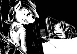 Size: 1500x1063 | Tagged: safe, artist:d-lowell, oc, oc only, species:pony, bipedal, black and white, grayscale, gun, mafia, noir, submachinegun, tommy gun