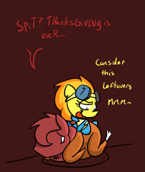 Size: 675x800 | Tagged: safe, artist:autonomous-zed, character:big mcintosh, character:spitfire, species:earth pony, species:pony, female, grimdark big mac, macinfire, male, ponies eating meat, shipping, stallion, straight, thanksgiving, turkey