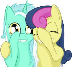 Size: 649x602 | Tagged: safe, artist:cheshiresdesires, character:bon bon, character:lyra heartstrings, character:sweetie drops, species:earth pony, species:pony, species:unicorn, crying, duo, female, grin, laughing, laughingmares.jpg, mare, simple background, smiling, tears of laughter, transparent background