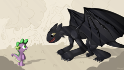 Size: 3000x1687 | Tagged: safe, artist:malamol, character:spike, species:dragon, crossover, eye contact, how to train your dragon, night fury, smiling, toothless, toothless the dragon