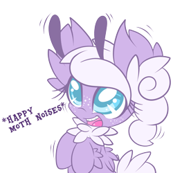Size: 2800x2800 | Tagged: safe, artist:starlightlore, oc, oc only, oc:dandelion, species:mothpony, cute, descriptive noise, female, filly, freckles, happy, happy moth noises, meme, moth noises, open mouth, original species, simple background, smiling, solo, transparent background, wiggle