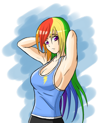 Size: 1000x1150 | Tagged: safe, artist:zantyarz, character:rainbow dash, species:human, arm behind head, armpits, breasts, busty rainbow dash, cleavage, clothing, female, humanized, light skin, looking at you, shirt, sideboob, simple background, solo, sports, sports outfit, t-shirt, tank top, transparent background