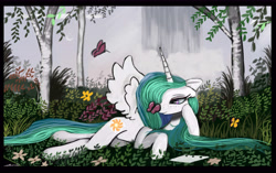 Size: 9720x6120 | Tagged: safe, artist:auroriia, character:princess celestia, species:alicorn, species:pony, absurd resolution, butterfly, female, freckles, leaning, nature, prone, scenery, smiling, solo, spread wings, wings