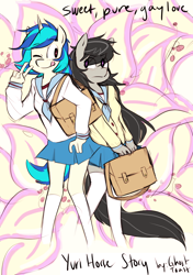 Size: 1104x1571 | Tagged: safe, artist:ghost, artist:jeremystorm, edit, character:dj pon-3, character:octavia melody, character:vinyl scratch, species:anthro, ship:scratchtavia, clothing, color edit, colored, female, lesbian, one eye closed, school uniform, shipping, skirt, smiling, tongue out, wink