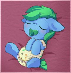Size: 385x400 | Tagged: safe, artist:cuddlehooves, oc, oc only, oc:bonded friendship, species:pony, baby, baby pony, diaper, onesie, pacifier, poofy diaper, solo