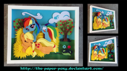 Size: 1280x711 | Tagged: safe, artist:the-paper-pony, character:applejack, character:rainbow dash, ship:appledash, apple tree, cloud, cloudy, commission, female, flower, hay bale, lesbian, photo, shadowbox, shipping