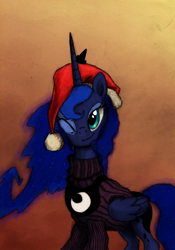 Size: 800x1140 | Tagged: safe, artist:hewison, character:princess luna, species:alicorn, species:pony, christmas, clothing, cute, female, hat, holiday, lunabetes, mare, santa hat, solo, sweater, wink