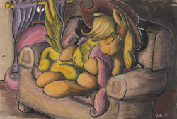 Size: 820x550 | Tagged: safe, artist:kittyhawk-contrail, character:applejack, character:fluttershy, ship:appleshy, couch, cuddling, female, lesbian, shipping, snuggling