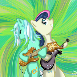 Size: 1000x1000 | Tagged: safe, artist:cheshiresdesires, character:bon bon, character:lyra heartstrings, character:sweetie drops, species:earth pony, species:pony, species:unicorn, abstract background, bass guitar, bipedal, duo, electric guitar, eyes closed, grin, guitar, musical instrument, smiling