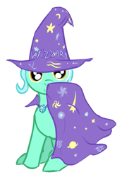 Size: 477x689 | Tagged: safe, artist:cheshiresdesires, character:lyra heartstrings, species:pony, species:unicorn, cape, clothing, discworld, female, hat, looking at you, raised hoof, rincewind, simple background, sitting, smiling, solo, the great and powerful, trixie's cape, trixie's hat, white background, wizard hat, wizzard