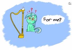 Size: 2824x1971 | Tagged: safe, artist:cheshiresdesires, character:lyra heartstrings, species:pony, species:unicorn, :3, dialogue, female, filly, harp, musical instrument, question mark, sitting, smiling, solo, younger