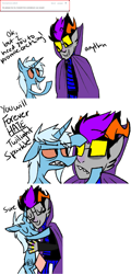 Size: 1017x2110 | Tagged: safe, artist:ghost, character:trixie, species:pony, species:unicorn, ask, bloodshot eyes, comic, crossover, dialogue, duo, eridan ampora, homestuck, hug, simple background, stoned trixie, tumblr, white background