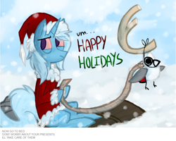 Size: 1009x809 | Tagged: safe, artist:ghost, character:trixie, species:bird, species:pony, species:reindeer, species:unicorn, antlers, bloodshot eyes, christmas, clothing, costume, feels, female, happy holidays, hat, holiday, how the grinch stole christmas, mare, poopsy, santa claus, santa costume, santa hat, sled, snow, solo, stoned trixie, winter
