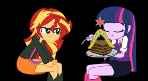 Size: 510x280 | Tagged: safe, artist:khuzang, character:sunset shimmer, character:twilight sparkle, species:human, my little pony:equestria girls, :t, animated, big crown thingy, black background, cake, clothing, cute, do you want this cake, duo, eating, eyes closed, feeding, female, frown, glare, good end, happy, open mouth, raised eyebrow, school uniform, sharing, shimmerbetes, simple background, sitting, skirt, smiling, spoon, twiabetes, weapons-grade cute, youtube link