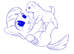 Size: 1311x952 | Tagged: safe, artist:stinkehund, oc, oc only, species:dog, species:pegasus, species:pony, blep, cute, female, holding, monochrome, on back, open mouth, puppy, smiling, solo, tongue out