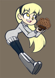 Size: 529x750 | Tagged: safe, artist:khuzang, character:derpy hooves, species:human, my little pony:equestria girls, brown background, clothing, cute, derpabetes, female, human coloration, humanized, light skin, muffin, no catchlights, no pupils, open mouth, simple background, solo, sweater