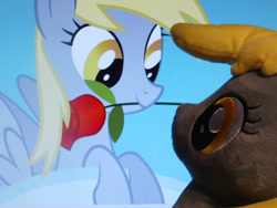 Size: 1000x750 | Tagged: safe, artist:onlyfactory, character:derpy hooves, species:pegasus, species:pony, background pony, bootleg, cloud, cute, eye contact, female, irl, leaning, looking at each other, mare, mouth hold, photo, plushie, ponidox, rose, self plushidox, self ponidox, smiling, underp