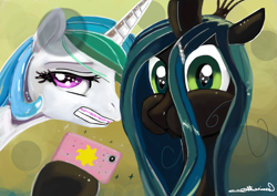 Size: 3585x2544 | Tagged: safe, artist:auroriia, character:princess celestia, character:queen chrysalis, aweeg*, braces, cellphone, gritted teeth, looking at you, puffy cheeks, selfie