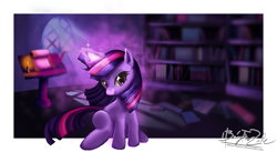 Size: 5120x2804 | Tagged: safe, artist:zelc-face, character:twilight sparkle, character:twilight sparkle (unicorn), species:pony, species:unicorn, absurd resolution, book, bookshelf, candle, female, golden oaks library, inkwell, mare, moonlight, quill, scroll, smiling, solo, wallpaper