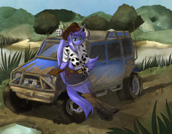 Size: 1250x970 | Tagged: safe, artist:siberwar, oc, oc only, oc:mariah wolves, species:alicorn, species:anthro, species:pony, species:unguligrade anthro, alicorn oc, anthro oc, belly button, belt, belt buckle, boots, car, clothing, cowboy hat, cowgirl, daisy dukes, front knot midriff, gloves, hat, jeep, midriff, pale belly, shorts, solo, stetson