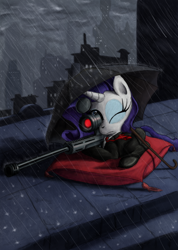 Size: 800x1121 | Tagged: safe, artist:hewison, character:rarity, species:pony, species:unicorn, city, female, gun, hitman, hooves, horn, lying down, mare, one eye closed, optical sight, pillow, rain, rifle, sniper rifle, solo, umbrella, weapon